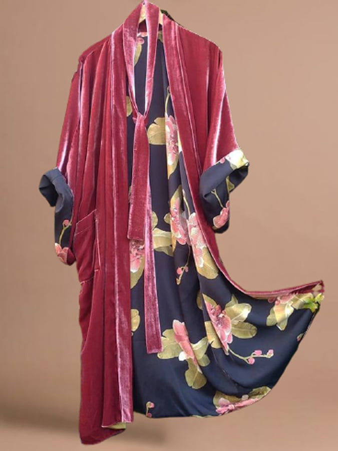 Drune | Satin Digital Floral Taille Gürtel Cardigan Schlafanzug