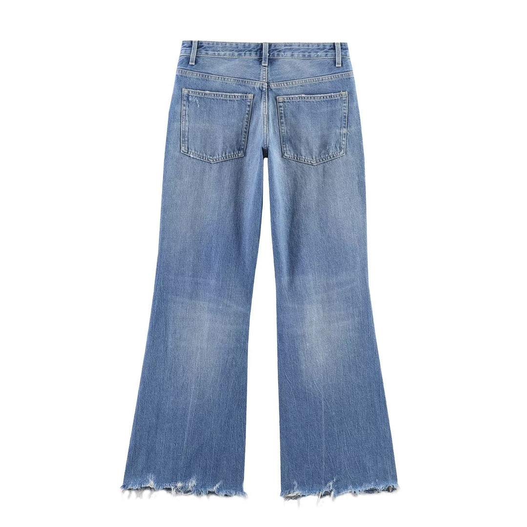 Damen High‑Waist Schlagjeans mit Destroy-Effekt und ausgefranstem Saum Drune