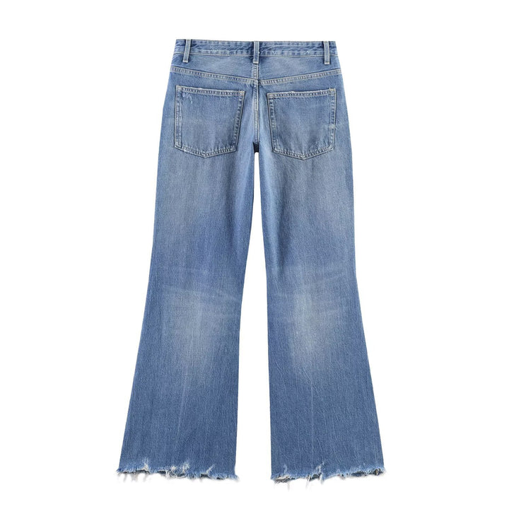 Damen High‑Waist Schlagjeans mit Destroy-Effekt und ausgefranstem Saum Drune
