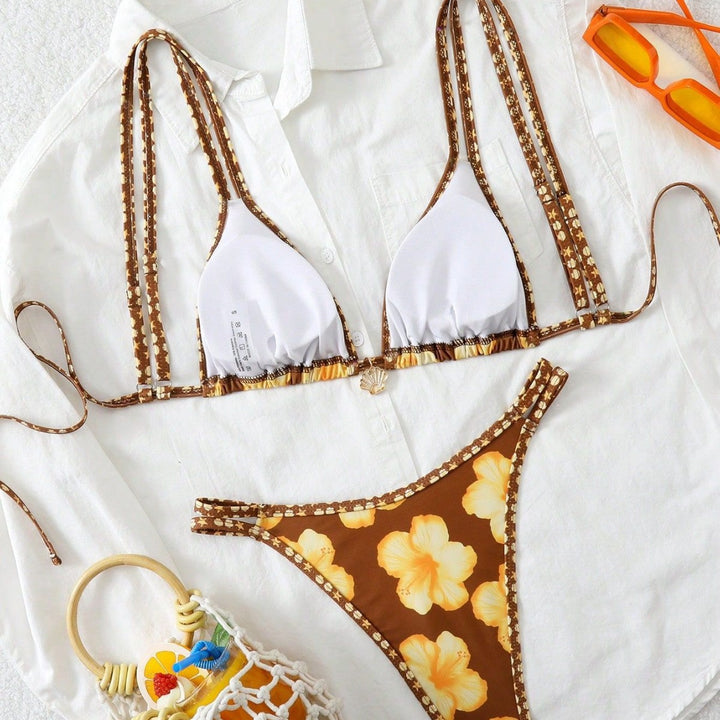 Damen Triangel-Bikini mit exotischem Hibiskus-Muster Drune