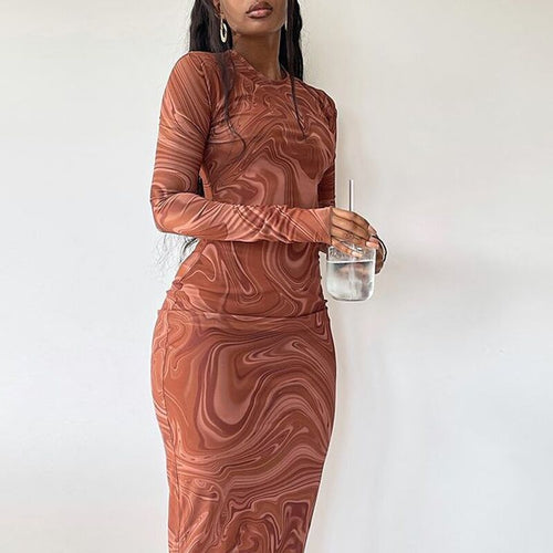 Damen Elegantes Langarmkleid mit modernem Marmormuster Drune