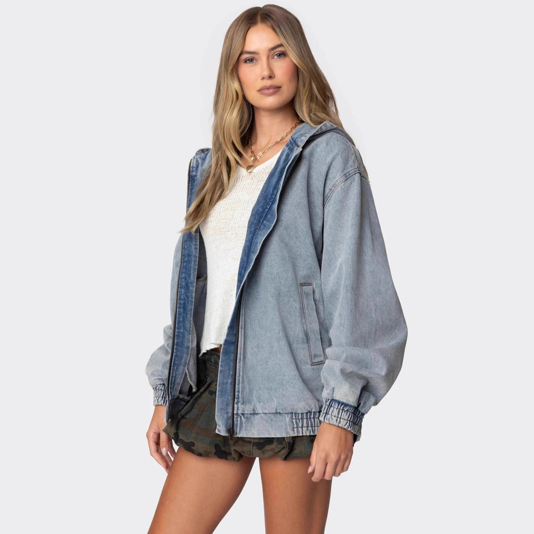 Damen Oversized Denimjacke mit Kapuze und elastischen Bündchen Drune