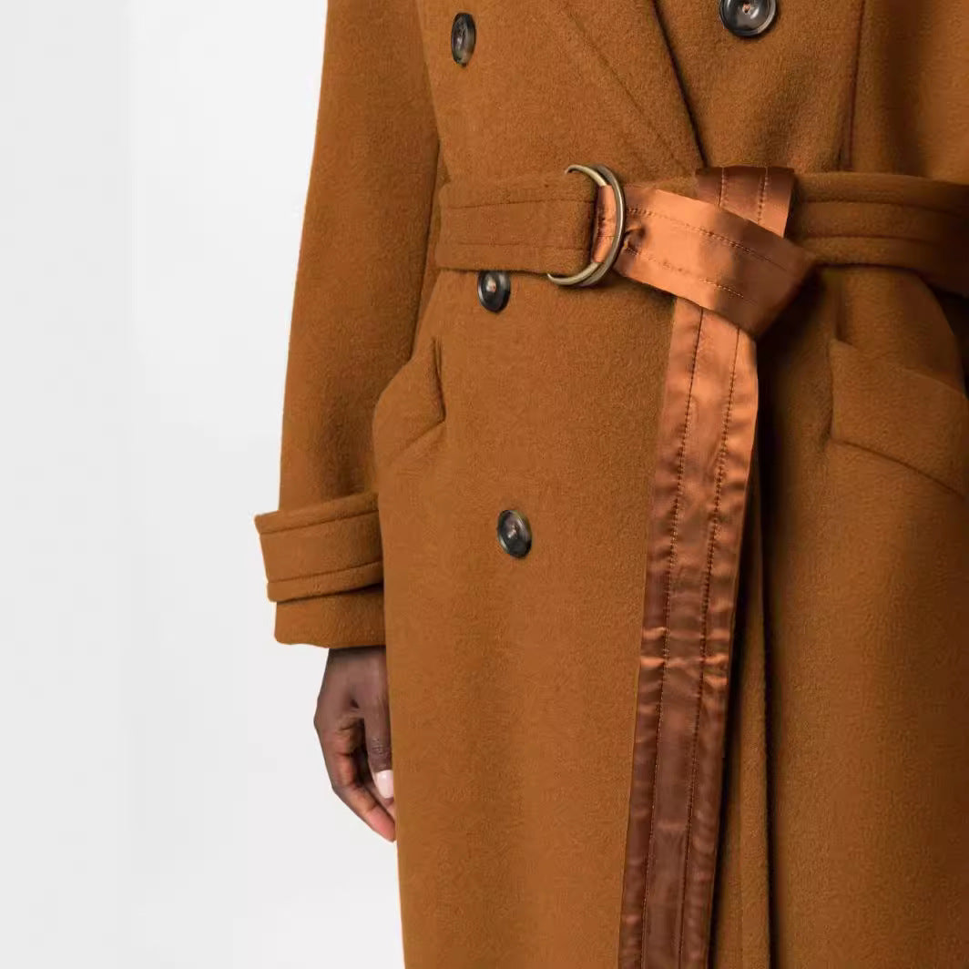 Damen Maxilanger Doppelreihiger Wollmix Mantel mit Satinband Taillengürtel und Krempelärmeln Drune
