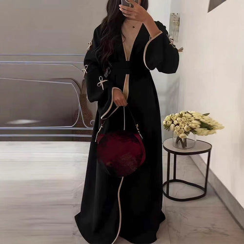 Damen nan elegante Abaya-Kaftan mit weitem Trompetenärmel, kontrastierender Passe und Wickelgürtel Drune