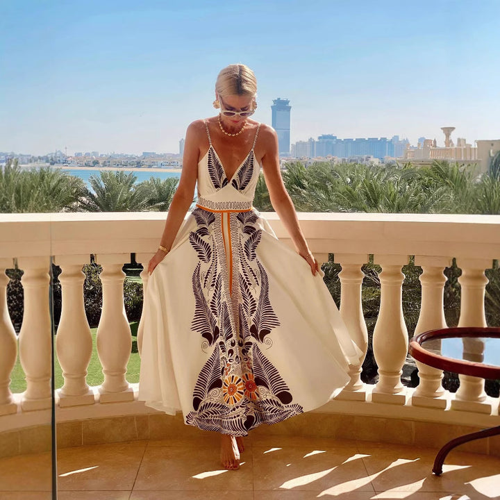 Damen elegantes Sommermaxikleid mit kunstvollem Blattmuster Drune