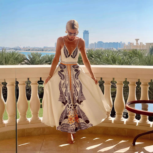 Damen elegantes Sommermaxikleid mit kunstvollem Blattmuster Drune
