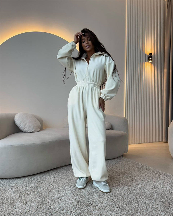 Damen Oversized Loungewear-Jumpsuit mit halbem Reißverschluss und elastischer Taillenraffung Drune