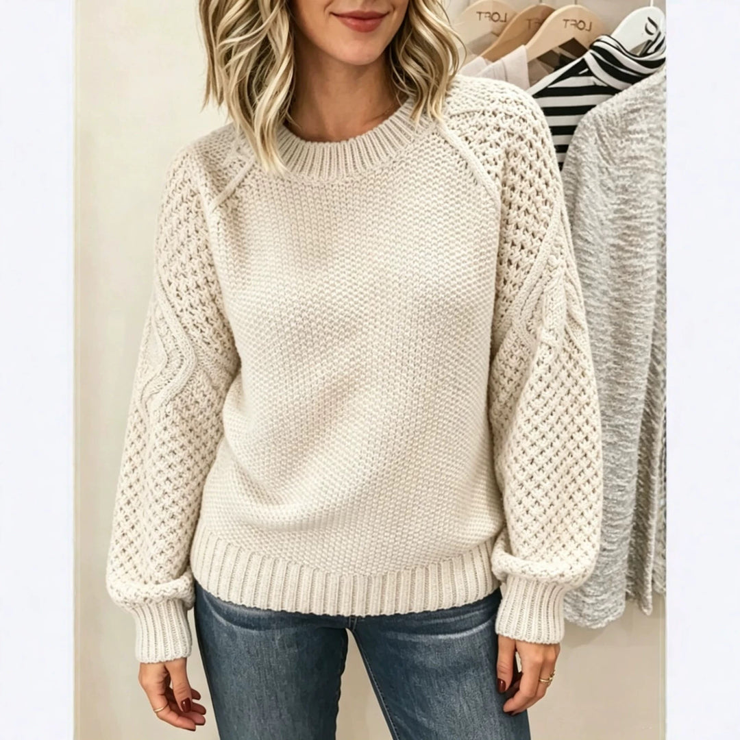 Damen Grobgestrickter Rundhals-Pullover mit Ajour- und Zopfmusterärmeln Drune