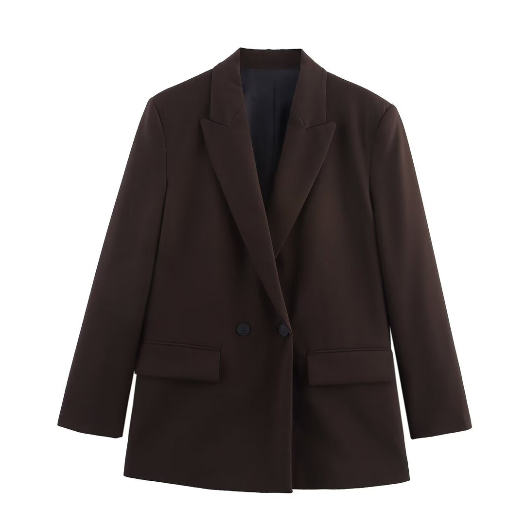 Damen Doppelreiher-Blazer mit Reverskragen, längerem Oversize-Schnitt und Pattentaschen Drune