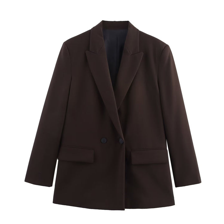 Damen Doppelreiher-Blazer mit Reverskragen, längerem Oversize-Schnitt und Pattentaschen Drune