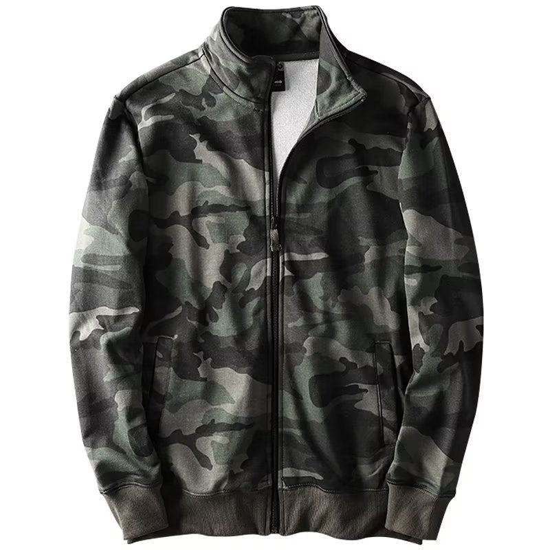 Herren Camouflage Baumwoll‑Fleece‑Zipjacke mit Stehkragen und Rippbündchen Drune