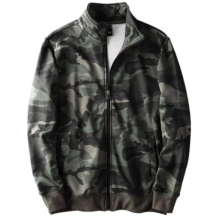 Herren Camouflage Baumwoll‑Fleece‑Zipjacke mit Stehkragen und Rippbündchen Drune
