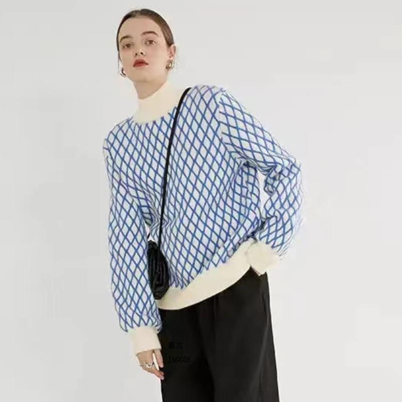 Damen Oversize Strickpullover mit Rautenmuster und Stehkragen Drune