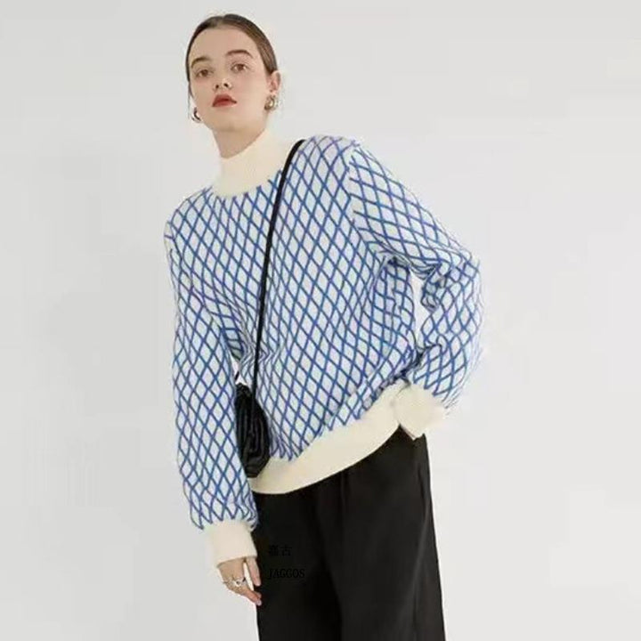 Damen Oversize Strickpullover mit Rautenmuster und Stehkragen Drune