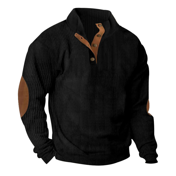 Herren Waffelstrick-Henley-Pullover mit Stehkragen und Ellbogen-Patches Drune