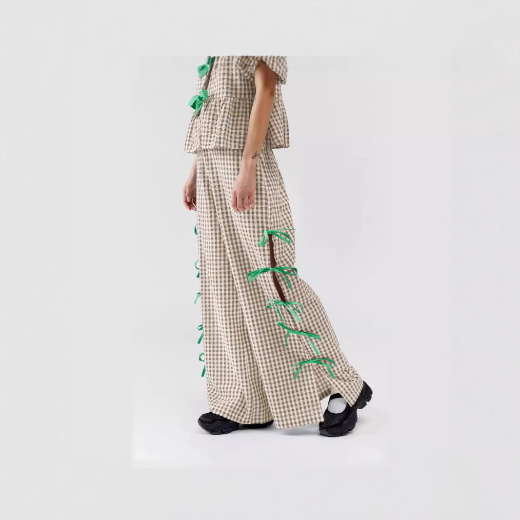 Damen Weite Karohose mit dekorativen Schnürdetails Drune