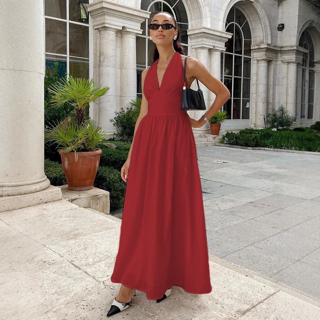 Damen Elegantes Maxikleid mit tiefem V-Ausschnitt und fließendem Schnitt Drune