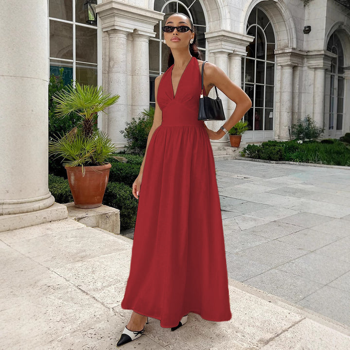 Damen Elegantes Maxikleid mit tiefem V-Ausschnitt und fließendem Schnitt Drune