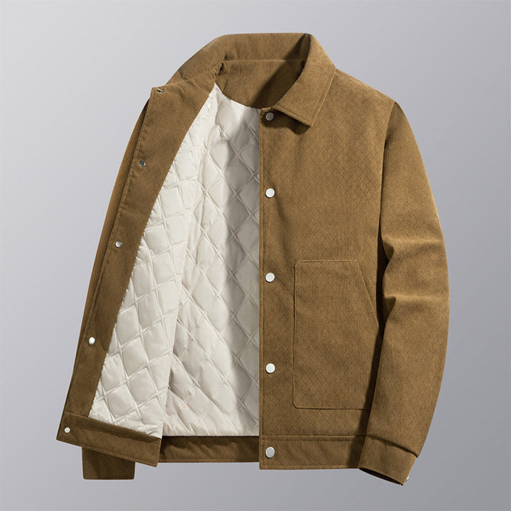 Men's  quilted-lined corduroy overshirt jacket with snap front and patch pockets Drune