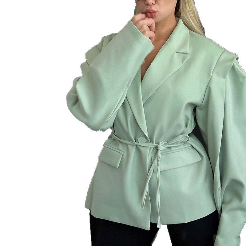 Damen Oversized Blazer mit Taillengürtel und eleganten Puffärmeln Drune