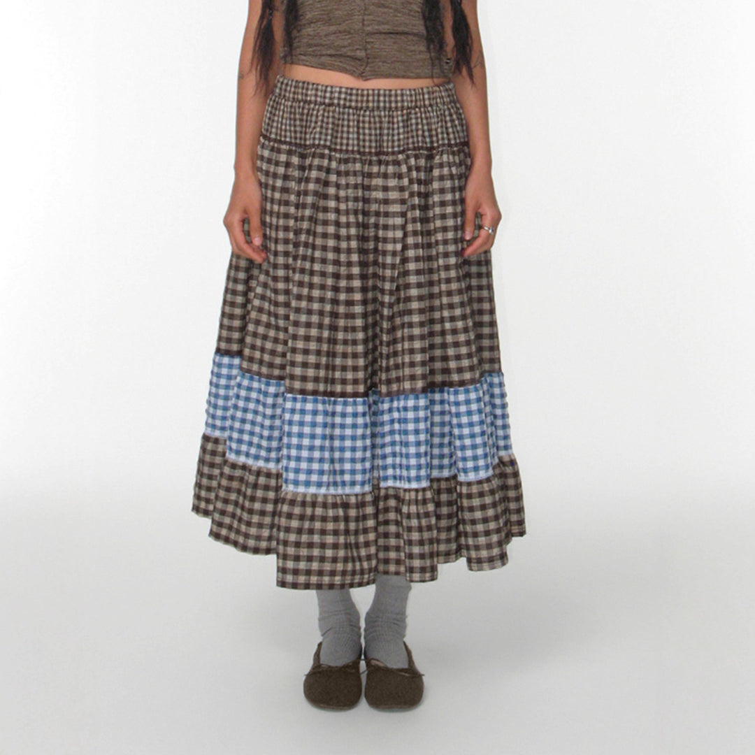 Damen nan mehrlagiger Baumwoll-Stufenrock mit elastischem Taillenbund, kontrastierendem Gingham-Band und Volant Drune