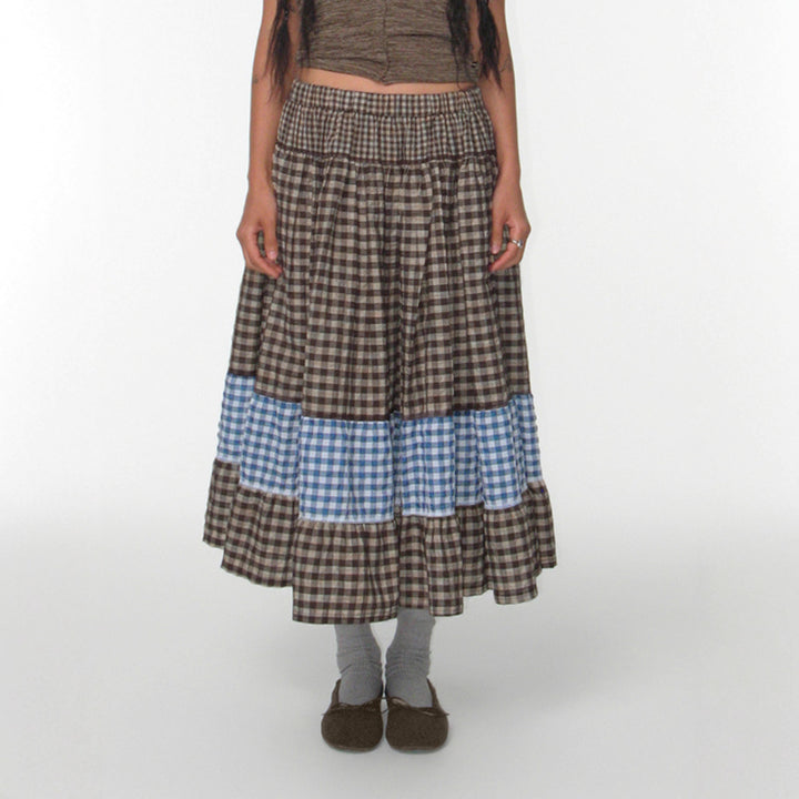 Damen nan mehrlagiger Baumwoll-Stufenrock mit elastischem Taillenbund, kontrastierendem Gingham-Band und Volant Drune