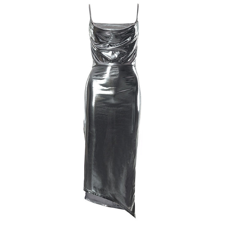 Damen elegantes Abendkleid mit asymmetrischem Schnitt und glänzender Oberfläche Drune