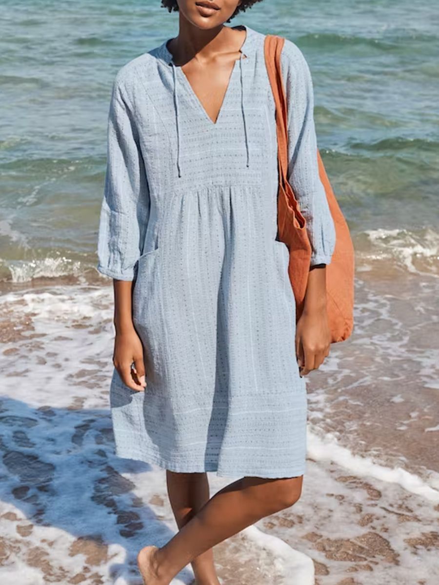Damen lässiges Sommerkleid mit Kapuze und Taschen Drune