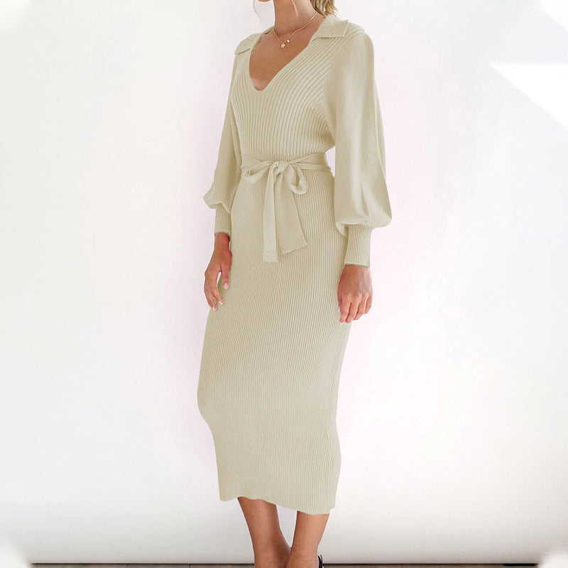 Damen Elegantes Strickkleid mit Taillengürtel Drune