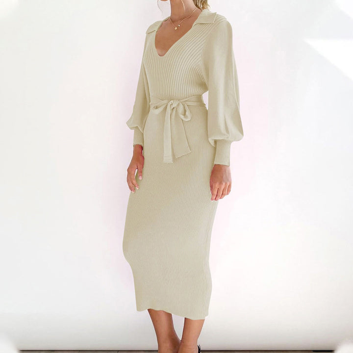 Damen Elegantes Strickkleid mit Taillengürtel Drune