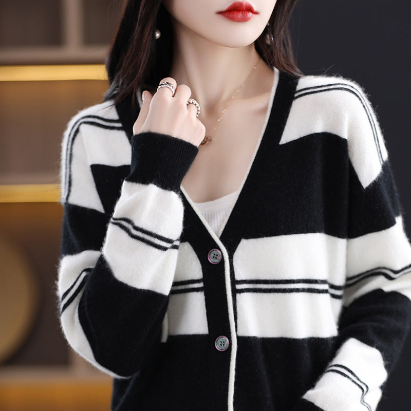 Damen Midilanger Feinstrick-Cardigan mit breiten Blockstreifen, V-Ausschnitt und gerippten Bündchen Drune