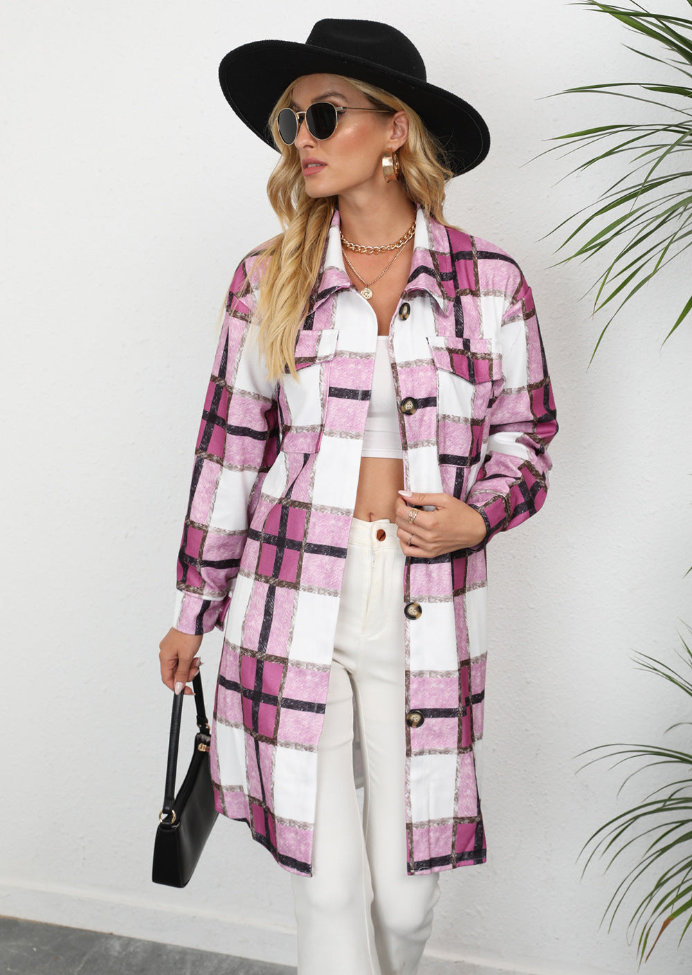 Damen Karomuster Longbluse mit Knopfverschluss und Seitentaschen Drune