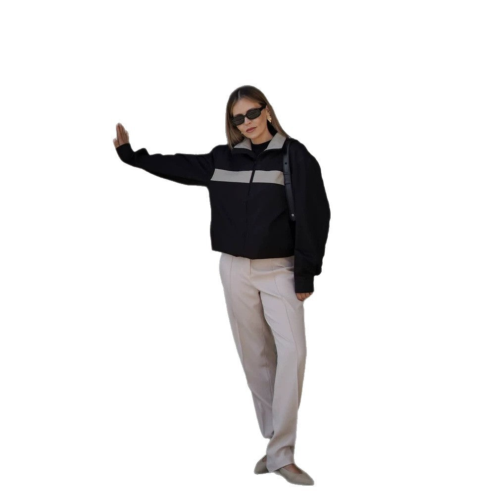 Damen Cropped Bomberjacke mit Kontraststreifen, Stehkragen und kastiger Silhouette Drune