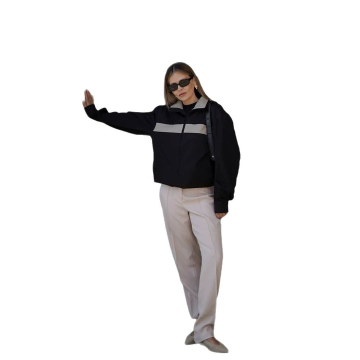 Damen Cropped Bomberjacke mit Kontraststreifen, Stehkragen und kastiger Silhouette Drune