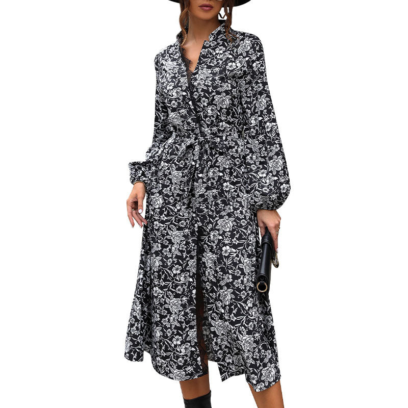 Damen Midikleid mit Spitzenbesatz am Ausschnitt, verdeckter Knopfleiste, Taillenbindegürtel & floralem Allover-Print Drune