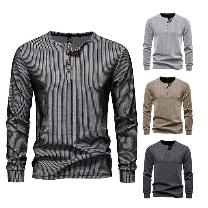 Herren Slim-Fit Gerippter Henley-Langarmpullover mit Rundhalsausschnitt und Knopfleiste Drune