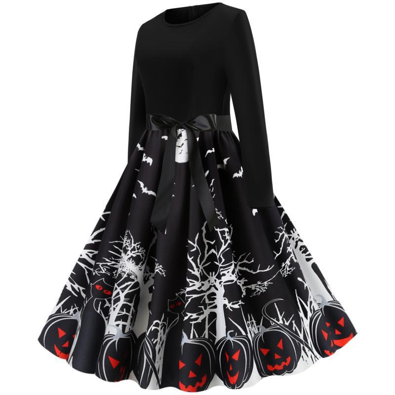 Damen Vintage-inspiriertes Swingkleid mit Halloween-Motiv, taillierter Satinschärpe und langen Ärmeln Drune
