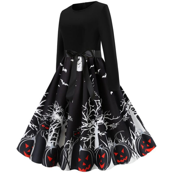 Damen Vintage-inspiriertes Swingkleid mit Halloween-Motiv, taillierter Satinschärpe und langen Ärmeln Drune