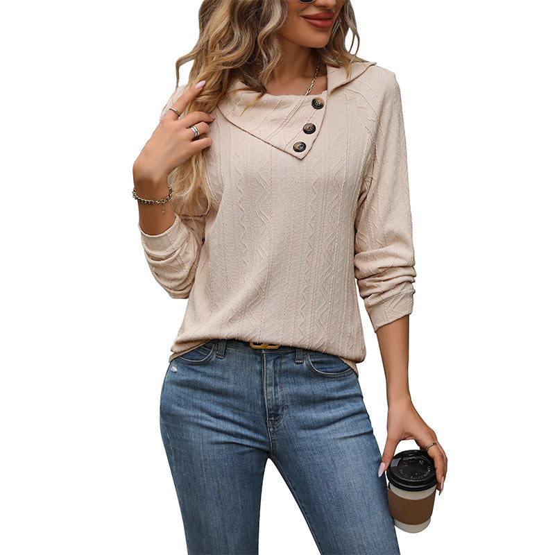Damen Feiner Strickpullover mit asymmetrischem Knopfkragen und Zopfmuster Drune