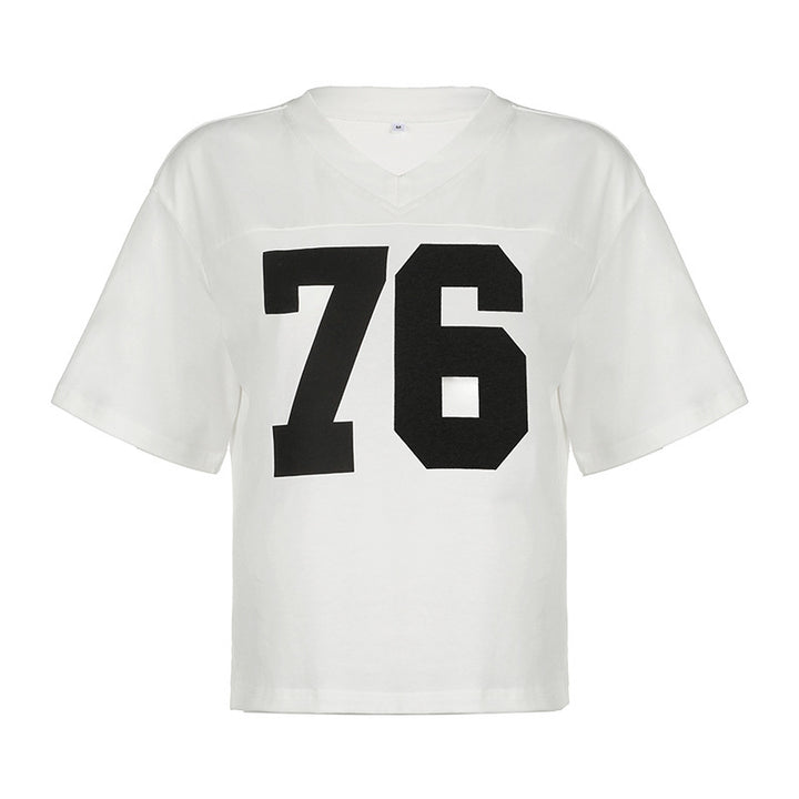 Damen lässiges V-Ausschnitt T-Shirt mit Sportmotiv Drune