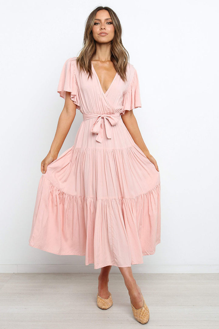 Damen Fließendes Maxi-Kleid mit Wickelbindung und Schmetterlingsärmeln Drune