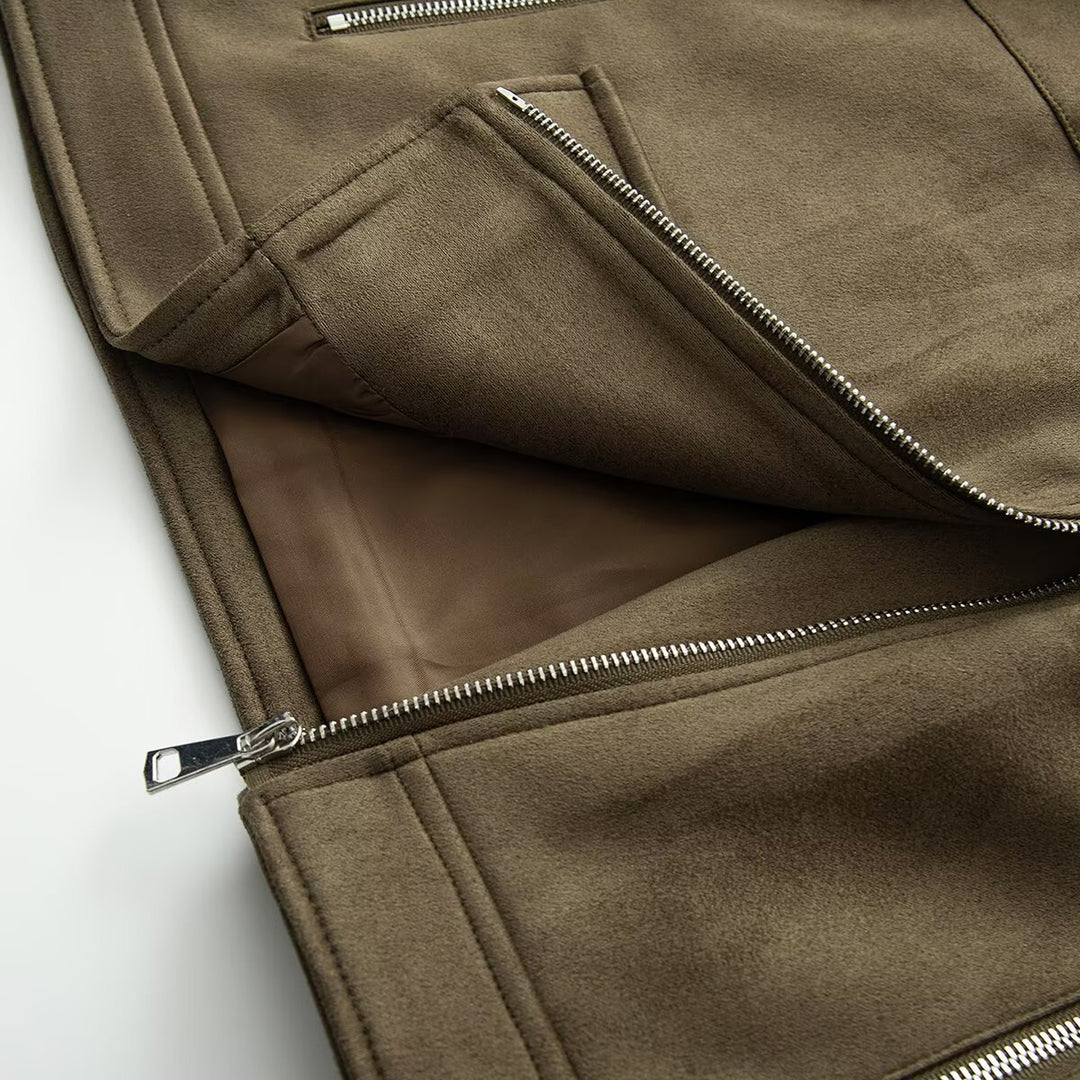 Damen Asymmetrische Veloursleder‑Optik Bikerjacke mit Stehkragen und Zippern Drune