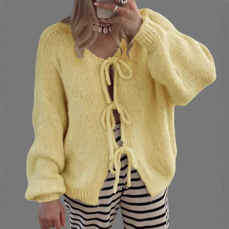 Damen Kuscheliger Strickcardigan mit großzügigem Schnitt und dekorativen Kordeln Drune