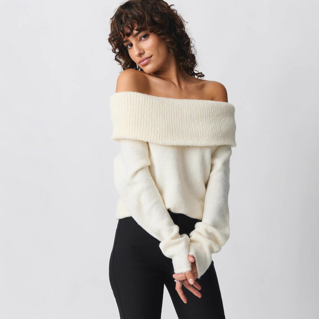 Damen nan Off-Shoulder Grobstrickpullover mit breitem Umschlagkragen und lässiger Oversize-Passform Drune
