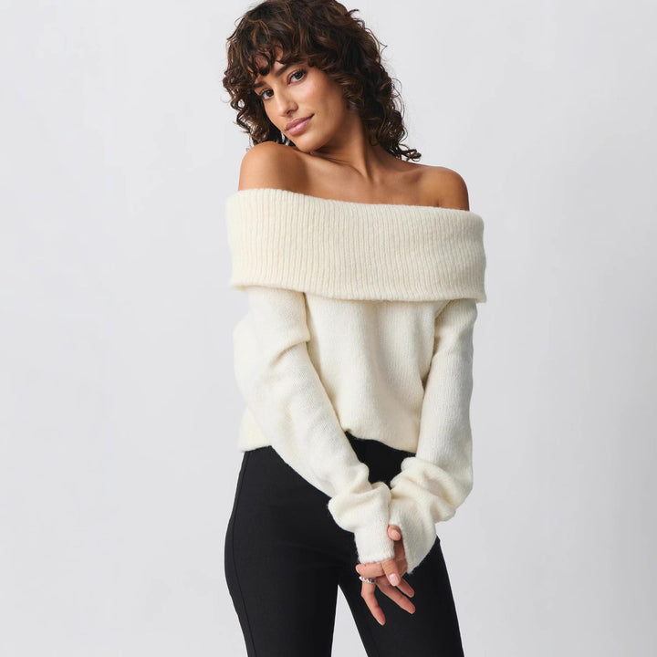 Damen nan Off-Shoulder Grobstrickpullover mit breitem Umschlagkragen und lässiger Oversize-Passform Drune