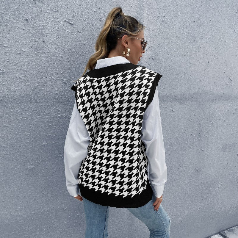 Damen Oversize Strickweste mit Hahnentrittmuster und V-Ausschnitt Drune