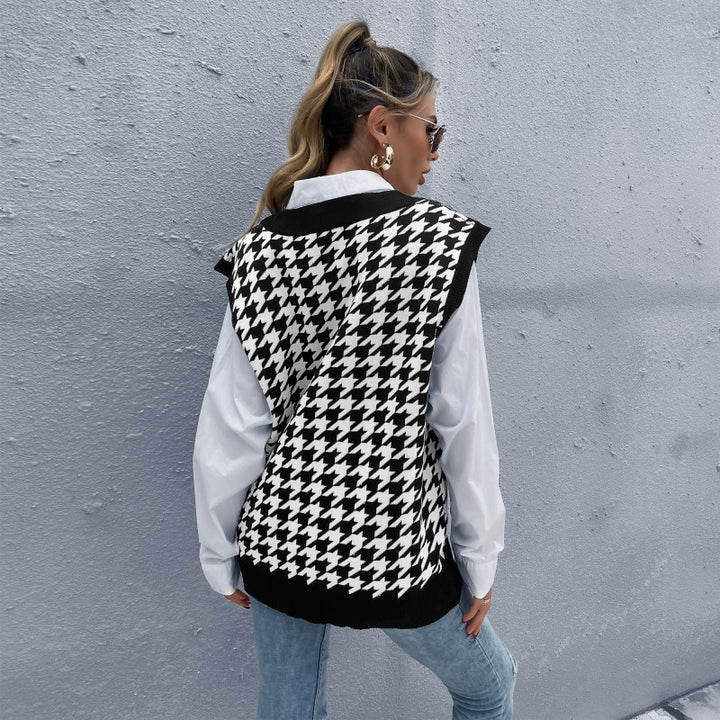 Damen Oversize Strickweste mit Hahnentrittmuster und V-Ausschnitt Drune