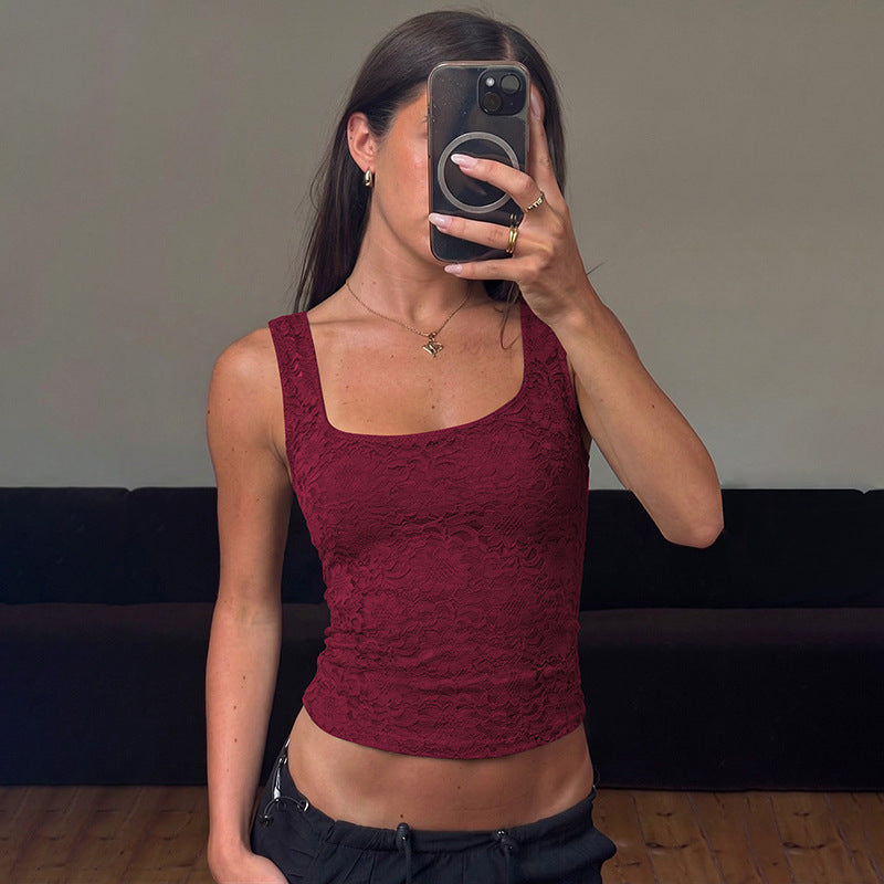 Damen Spitzentop mit quadratischem Ausschnitt und figurbetontem Schnitt Drune
