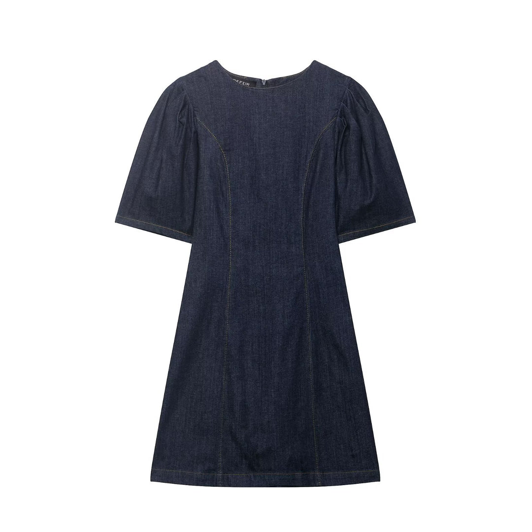Damen A‑Linien Jeanskleid mit Puffärmeln und figurbetonten Abnähern Drune