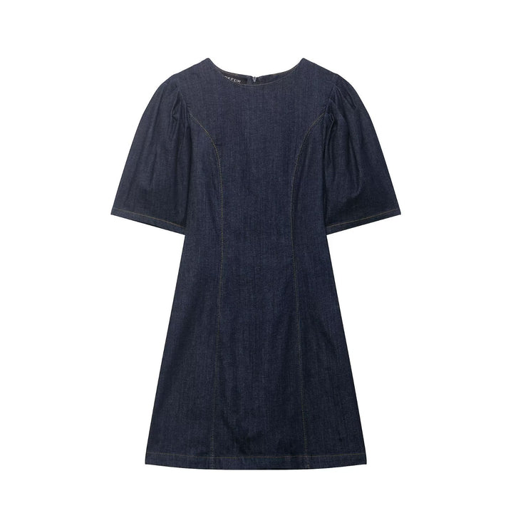 Damen A‑Linien Jeanskleid mit Puffärmeln und figurbetonten Abnähern Drune